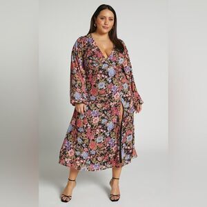 NWT Showpo Henny Midi Long Sleeve Split Dress in Dusk Floral Size 14
